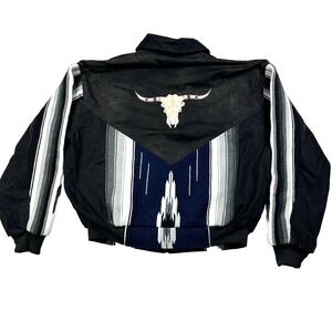 Mens VTG Buffalo Nickel Aztec Coyote Western Cowboy Embroidered Bomber Jacket XL